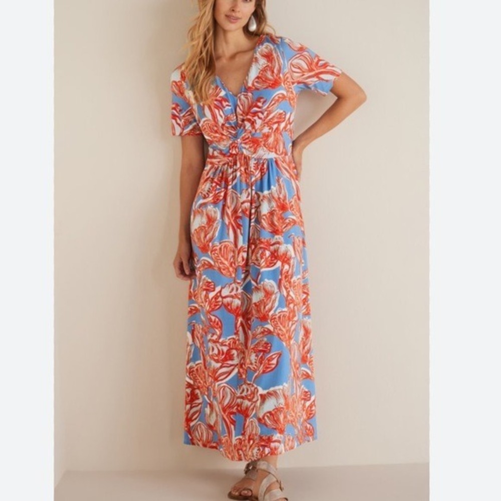 Soft Surroundings Womens Tropical Floral Maxi Dress XL Blue Twisted Empire Waist